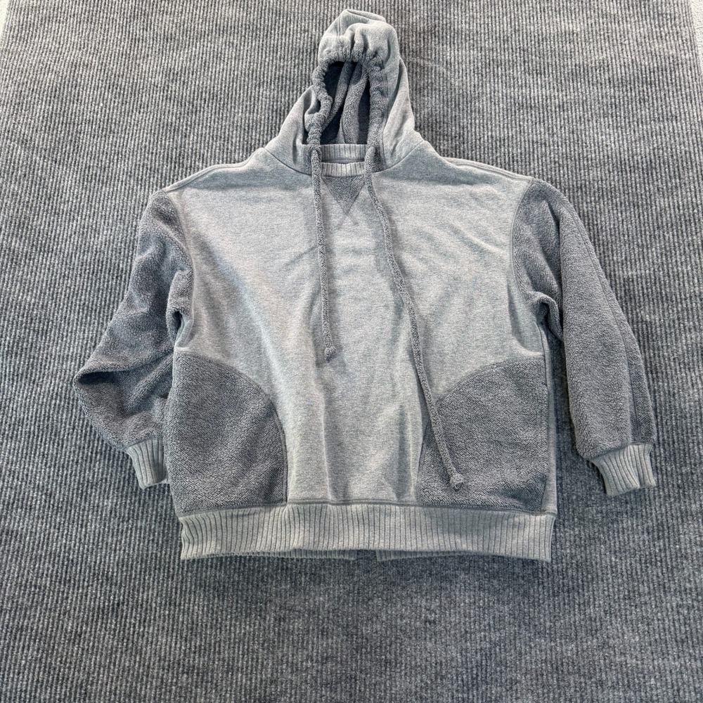 Aerie Mixed Media Textured Pullover Hoodie Small Gray Waffle Knit Sleeve Pocket